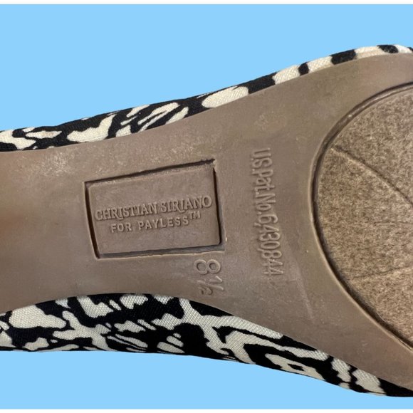 Christian Siriano Womens Size 8.5 Black and Cream Print, Cork Heels, Peep Toe - Picture 12 of 14
